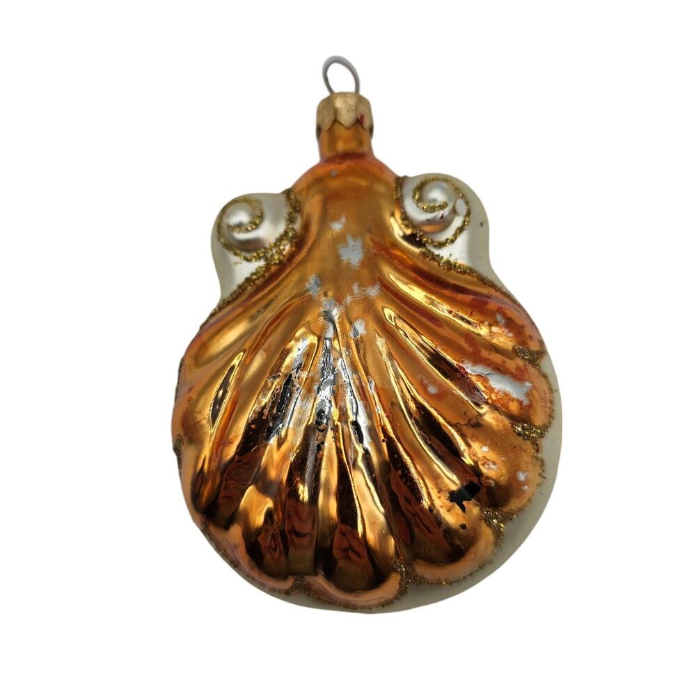 Vintage Poland Blown Glass Christmas Ornament Gold Nautical Shell